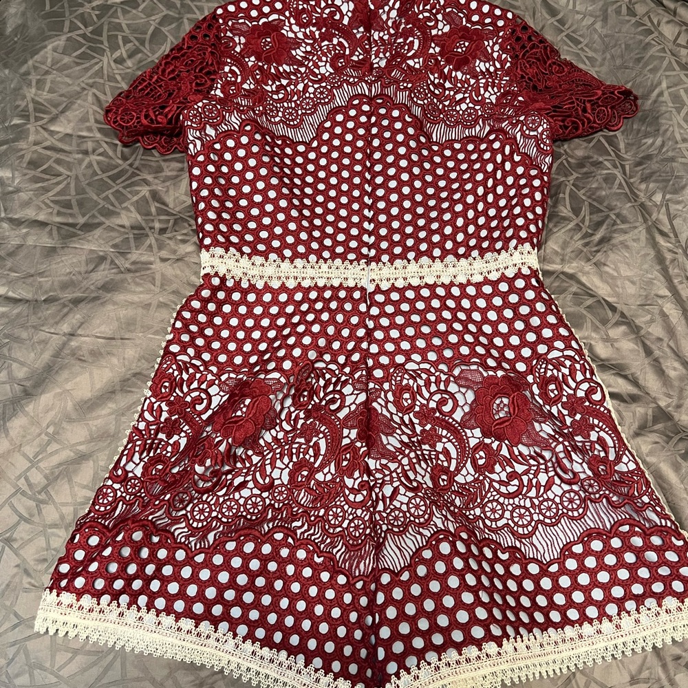 Alexie maroon and baby blue lace romper